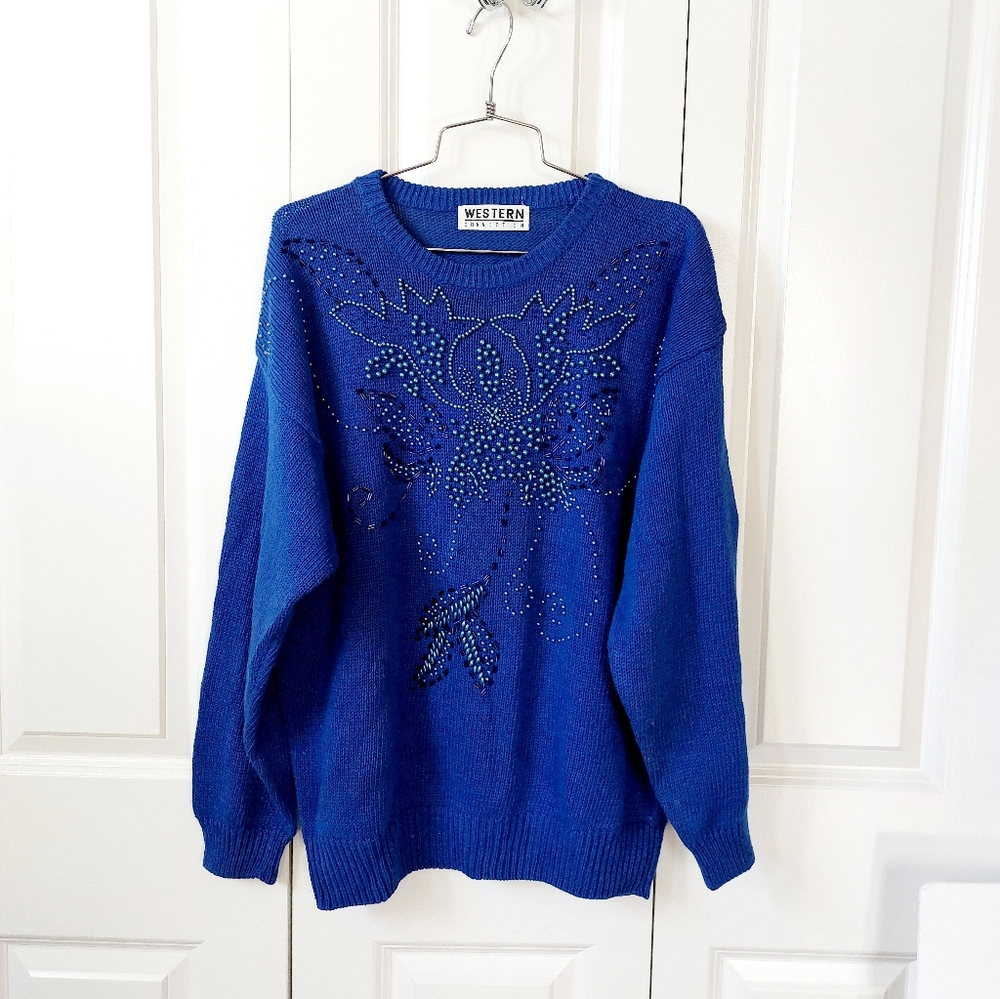 80s Blue‎ Beaded Floral Sweater Western Connection Christmas Winter Vintage